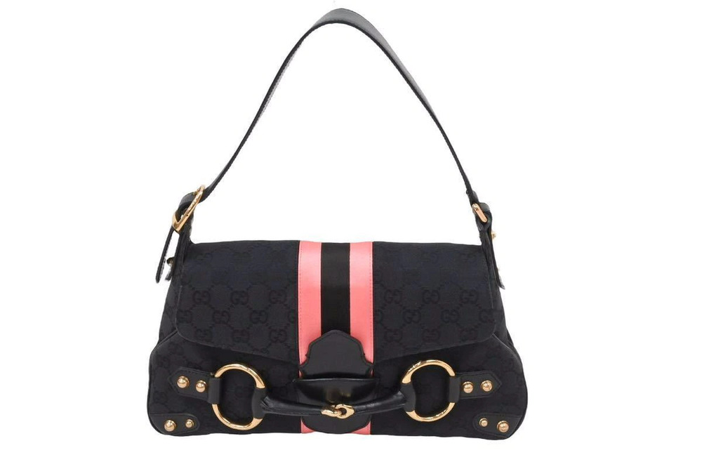 Gucci GG Hobo Bag Horsebit Webbing Canvas Black Pink Gold
